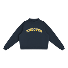 Load image into Gallery viewer, A navy blue cropped crewneck sweatshirt with 'ANDOVER' printed in yellow arched varsity letters across the chest, displayed flat against a solid white background.