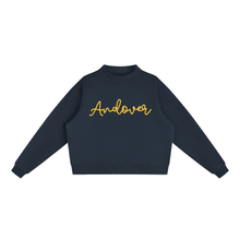 Load image into Gallery viewer, A navy blue cropped crewneck sweatshirt with the word 'Andover' embroidered in yellow cursive across the chest, displayed on a clean white background.