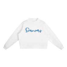 Load image into Gallery viewer, Danvers Script Mockneck Sweatshirt | Oversized Cropped Pullover, White &amp; Blue
