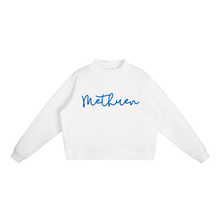 Load image into Gallery viewer, Methuen Script Mockneck Sweatshirt | White &amp; Blue
