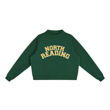 Load image into Gallery viewer, A dark green cropped crewneck sweatshirt with 'NORTH READING' printed in yellow varsity-style block letters across the chest, displayed flat against a solid white background.
