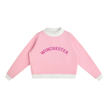 Load image into Gallery viewer, Winchester Varsity Mockneck Sweatshirt | Pink + White
